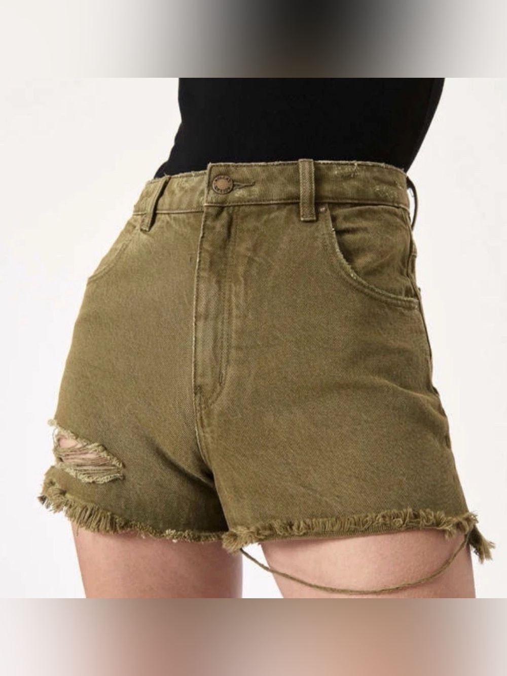 ROLLA'S Olive Green High Waist Slim Frayed Denim Shorts - 27